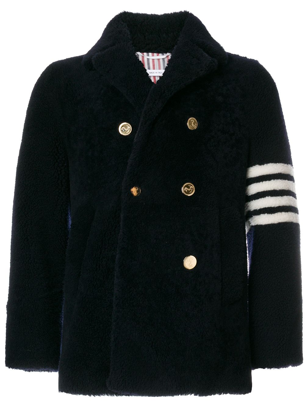 Thom Browne 经典网眼4条纹饰染色皮毛领海军外套 - 蓝色