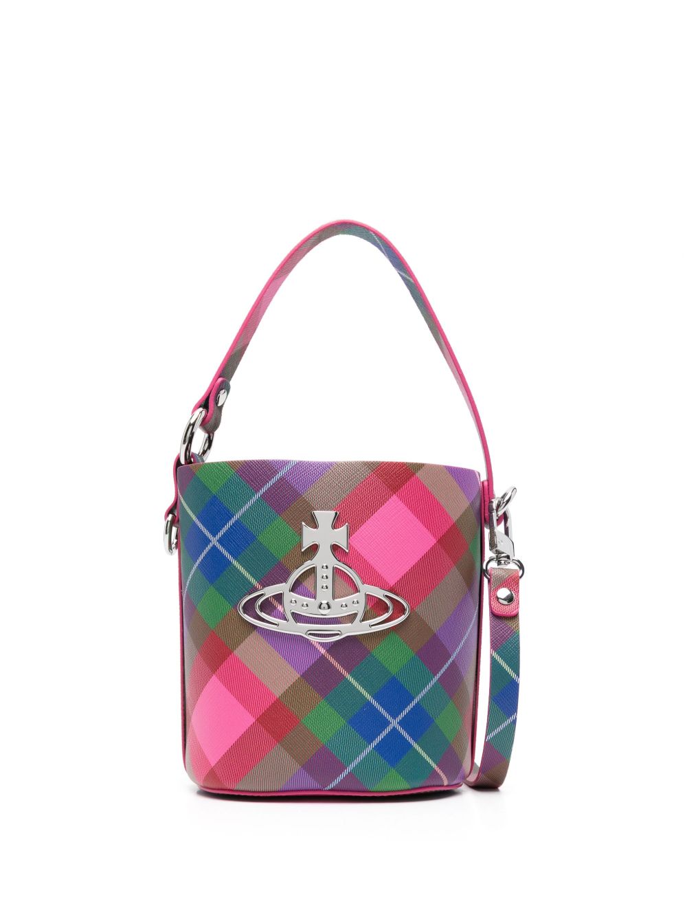 Vivienne Westwood 土星标牌格纹水桶包 - 粉色