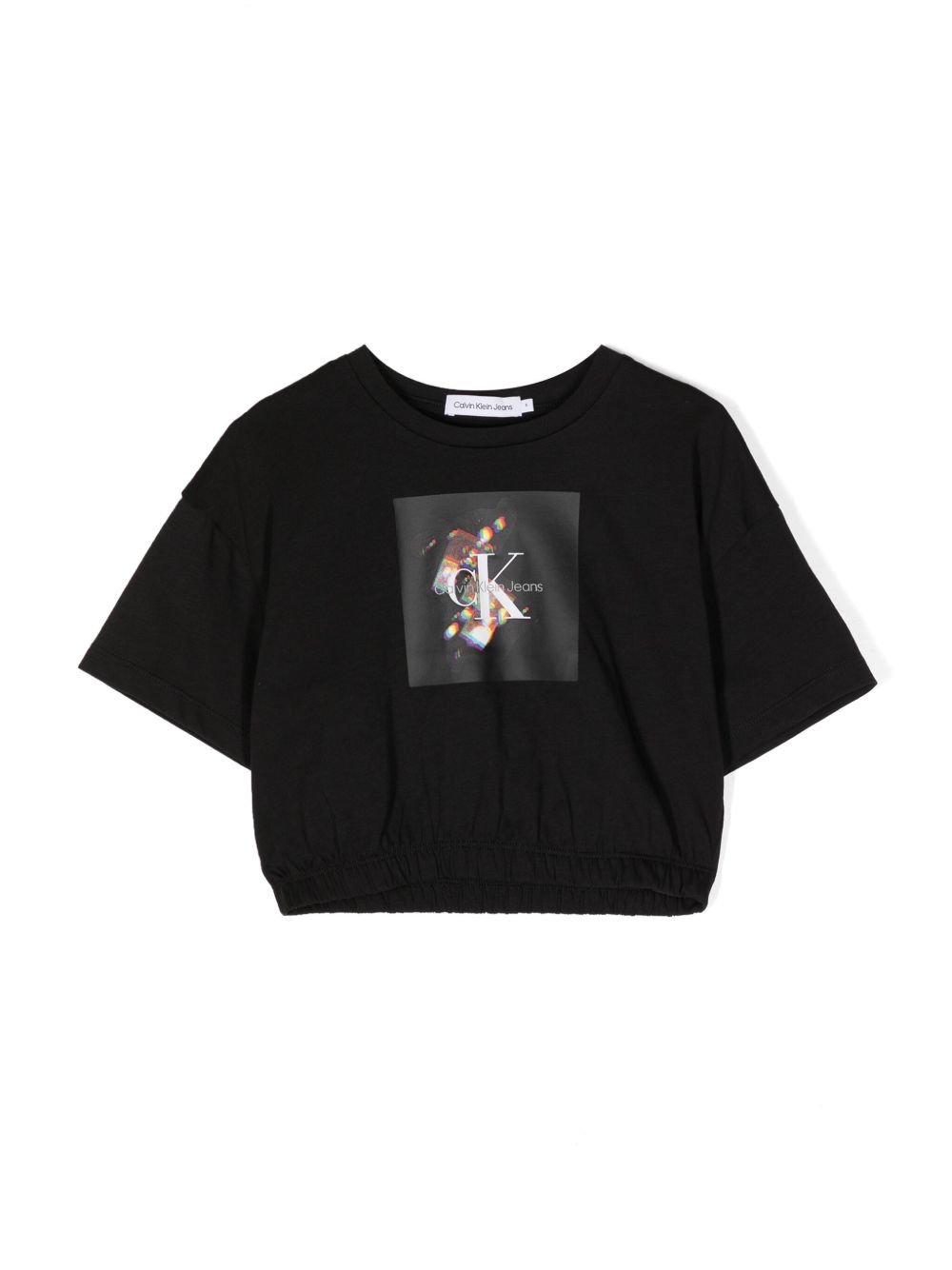 Calvin Klein Kids 晶饰印花短款T恤 - 黑色