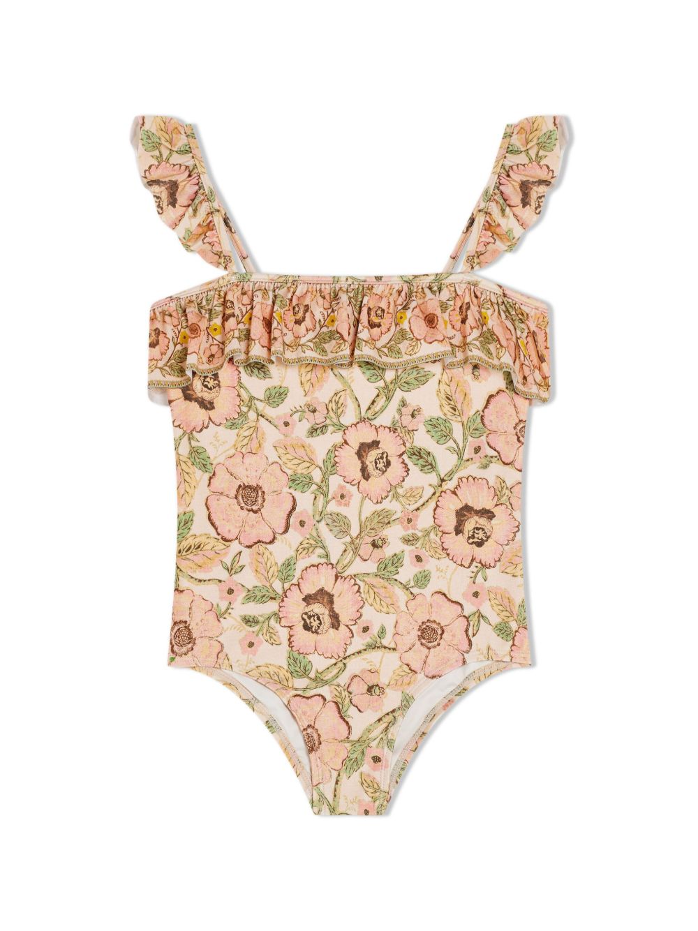 ZIMMERMANN Kids 花卉印花荷叶边细节连体泳衣 - 粉色