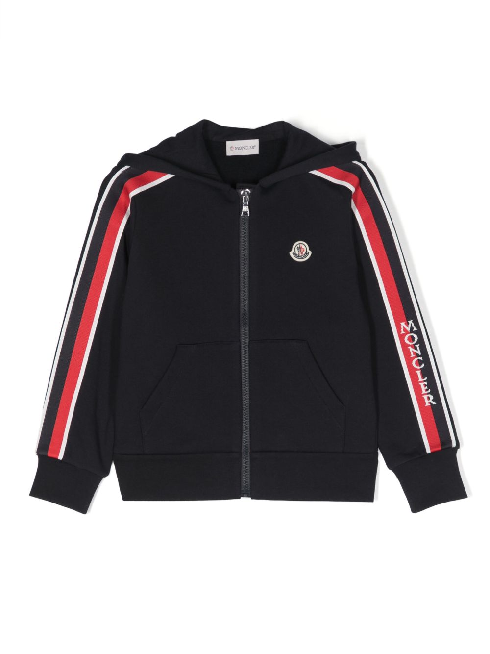 Moncler Enfant logo条纹拉链棉连帽衫 - 蓝色