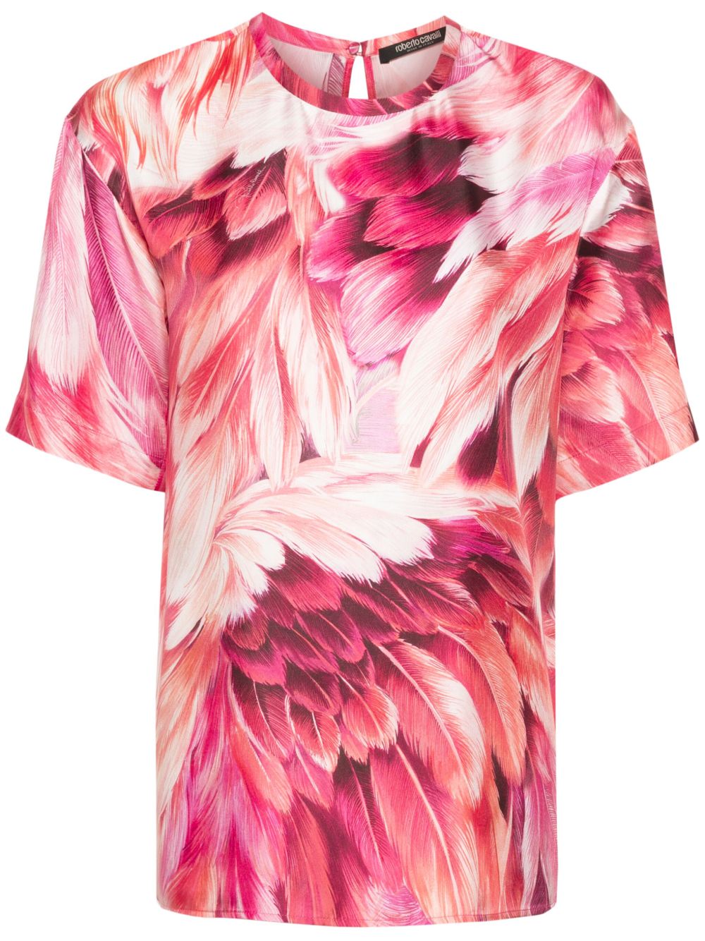 Roberto Cavalli 羽毛印花真丝T恤 - 粉色
