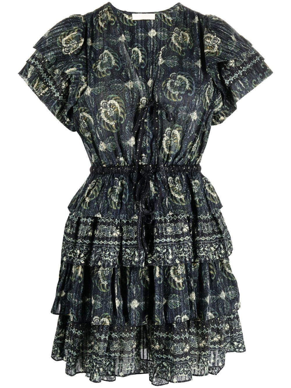 Ulla Johnson 图案印花短袖迷你连衣裙 - 蓝色