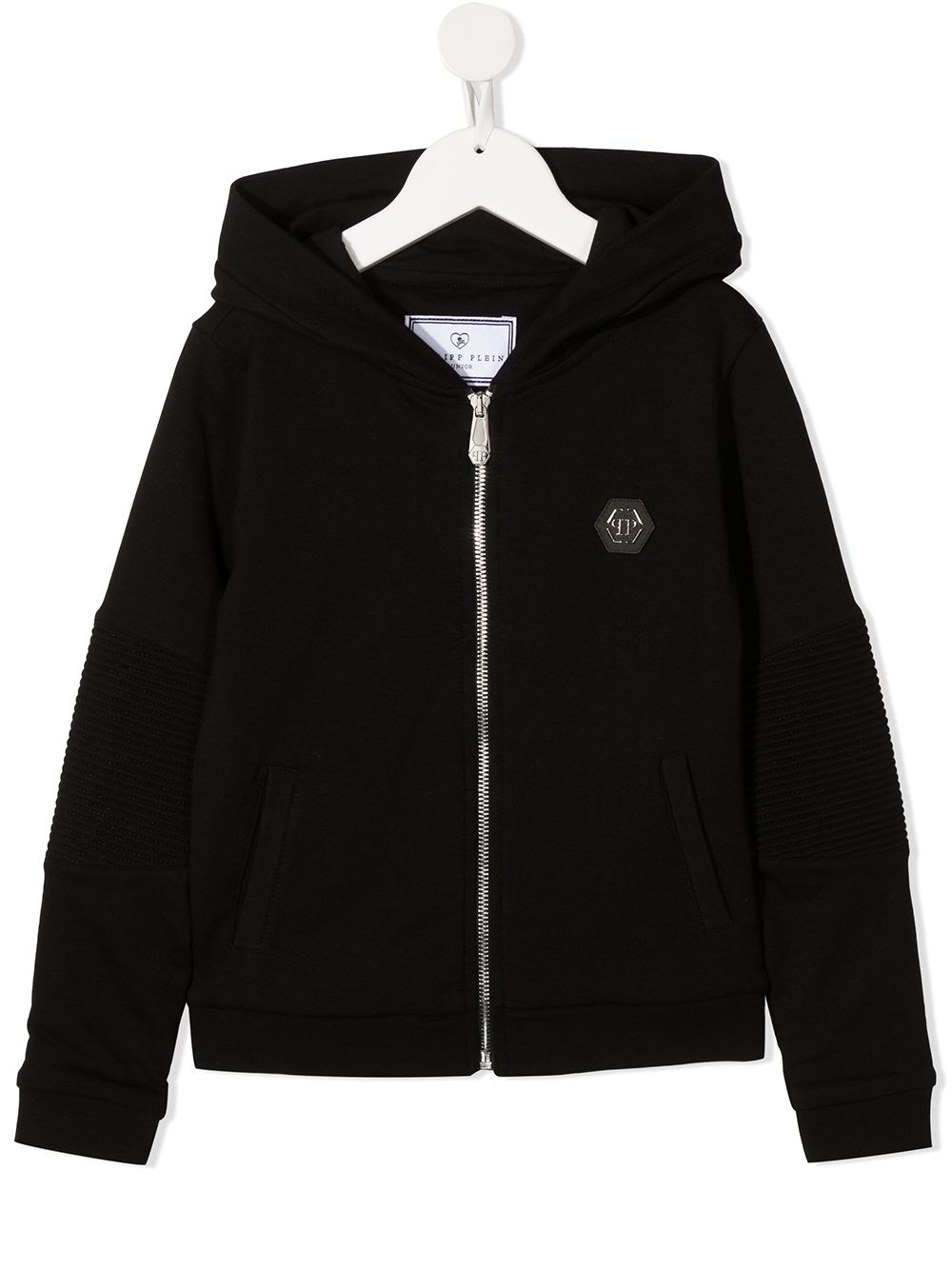 Philipp Plein Junior 六边形logo印花拉链连帽衫 - 黑色