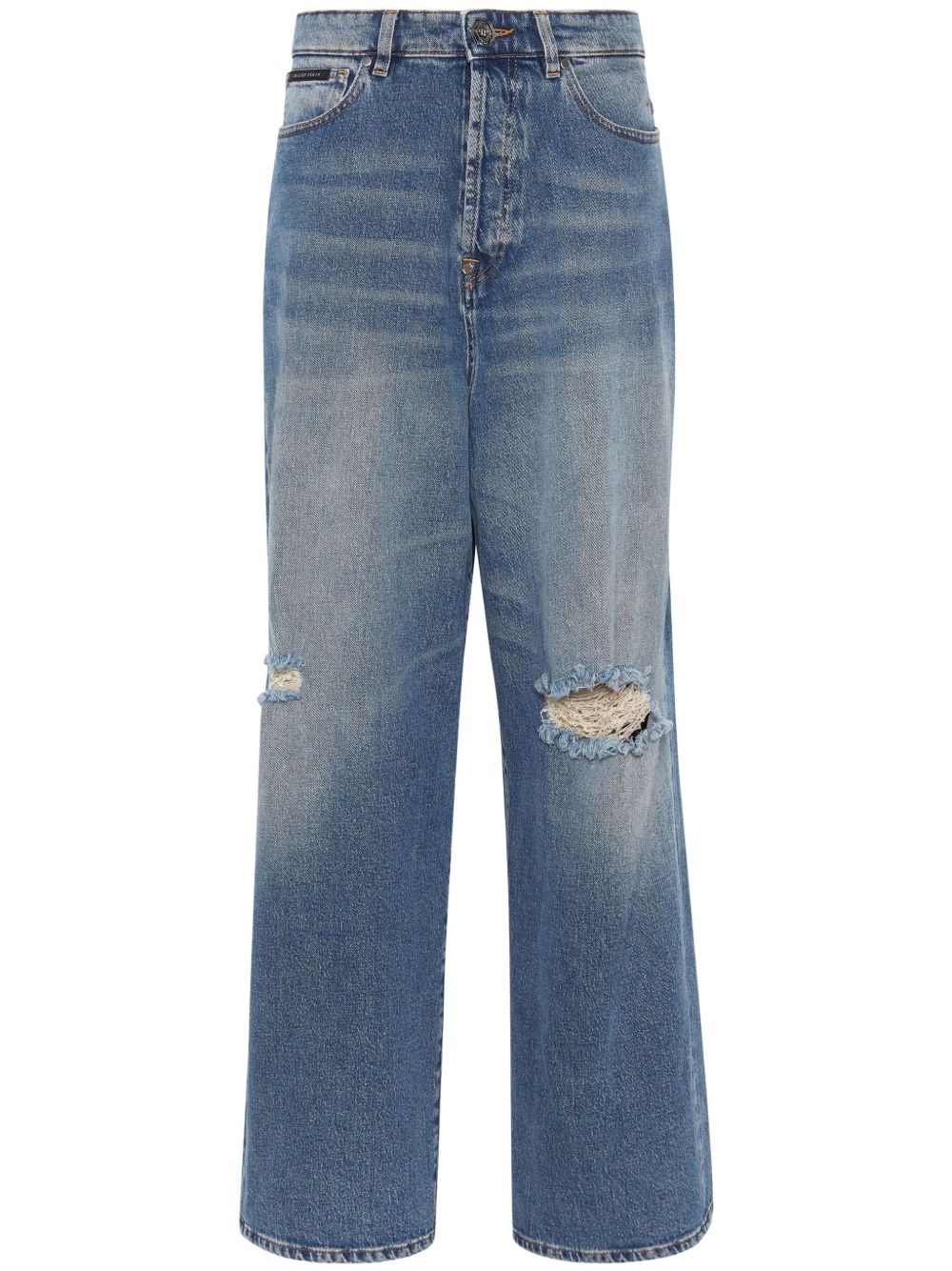 Philipp Plein 仿旧阔腿牛仔裤 - 蓝色