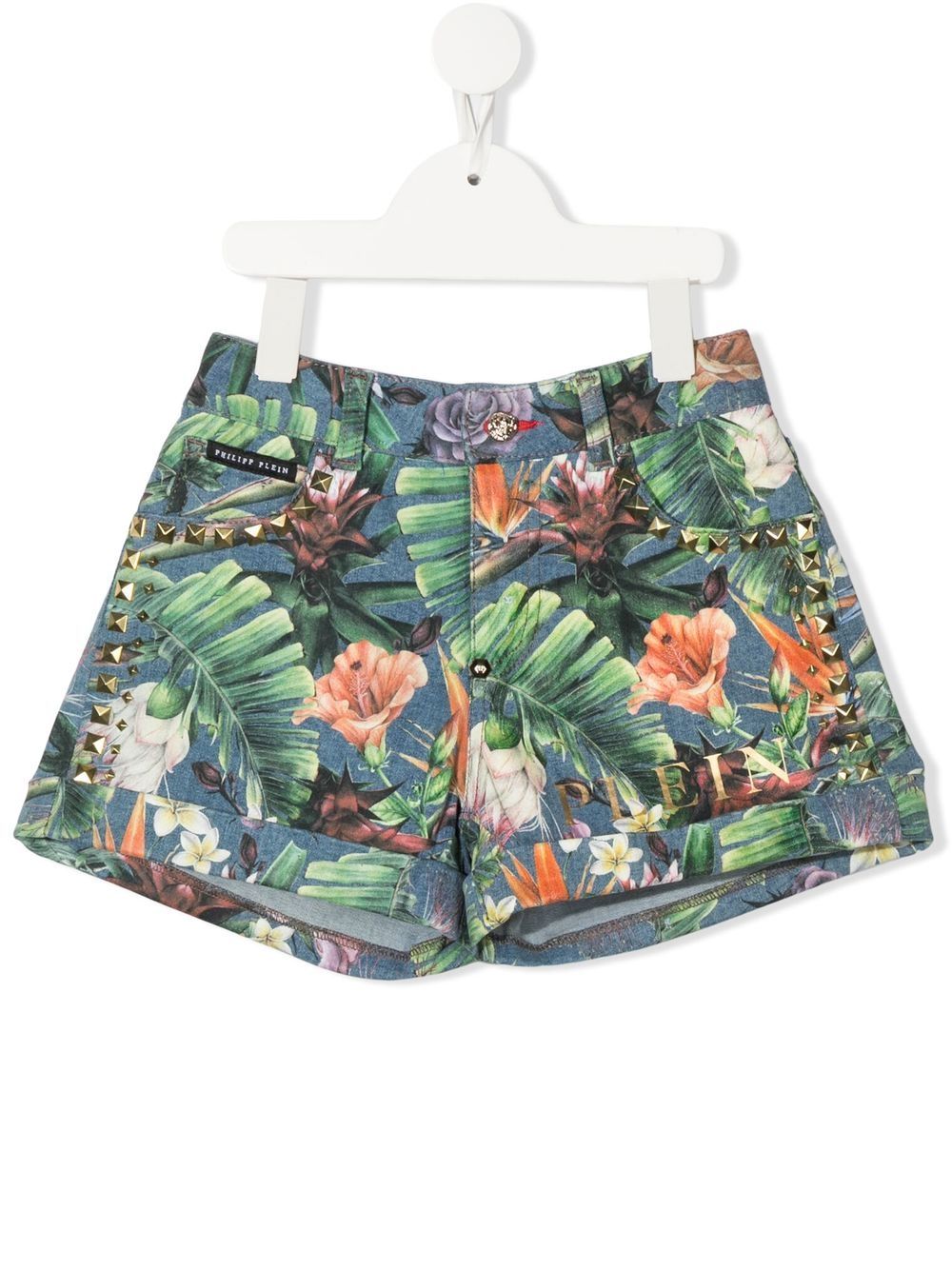 Philipp Plein Junior 花卉印花铆钉短裤 - 蓝色
