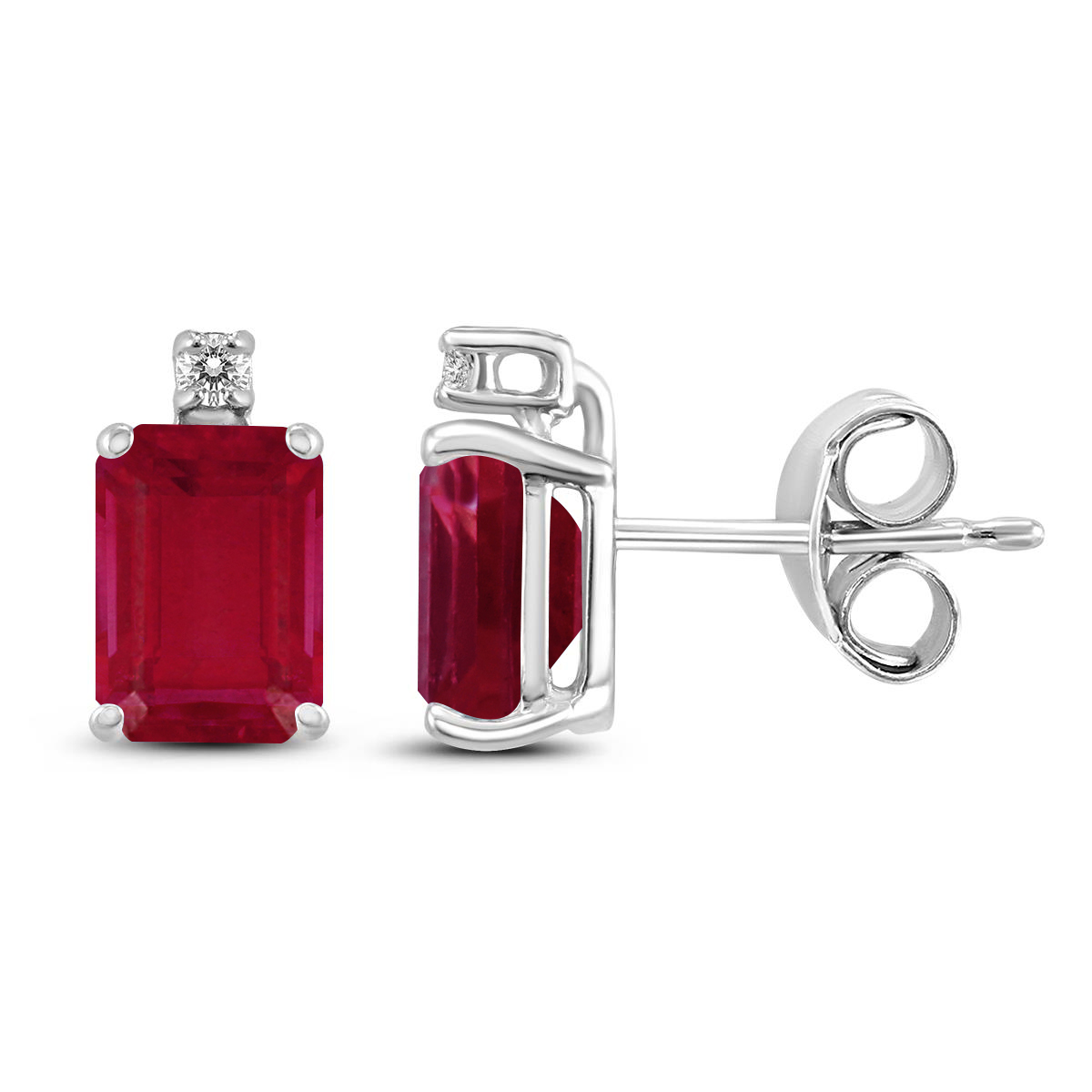 14K White Gold 5x3MM Emerald Shaped Ruby and Diamond Earrings