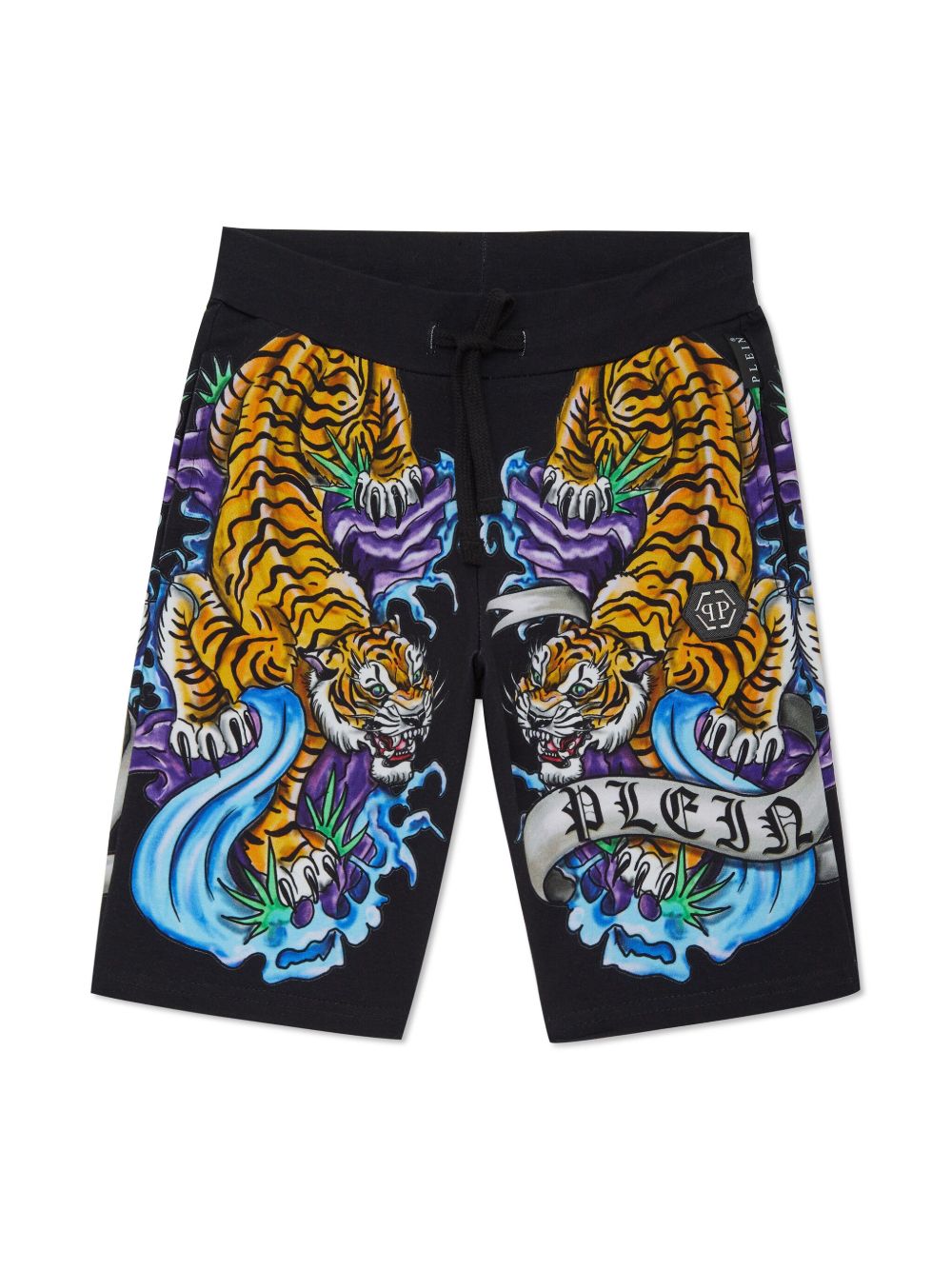 Philipp Plein Junior 刺青印花抽绳短裤 - 黑色