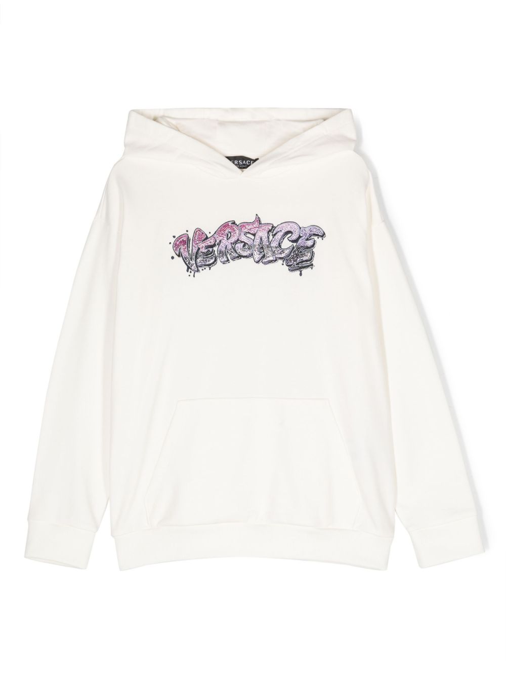 Versace Kids logo刺绣棉连帽衫 - 白色