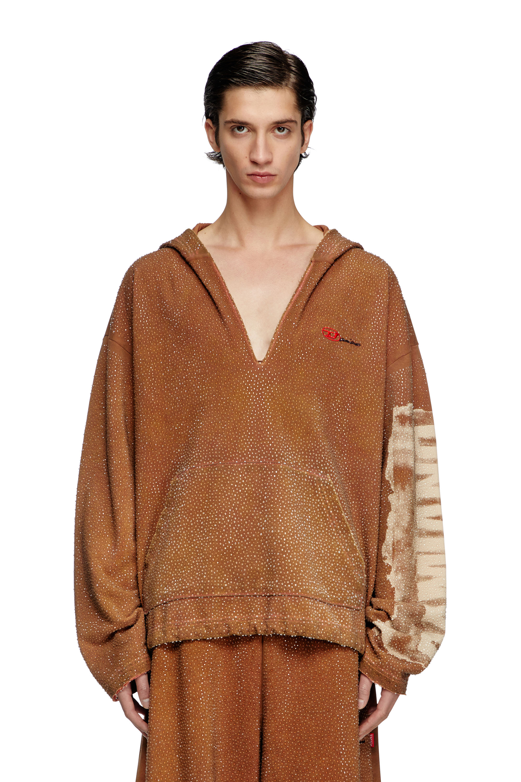 Diesel - Treated V-neck hoodie with crystals - Sweaters - Unisex - Brown