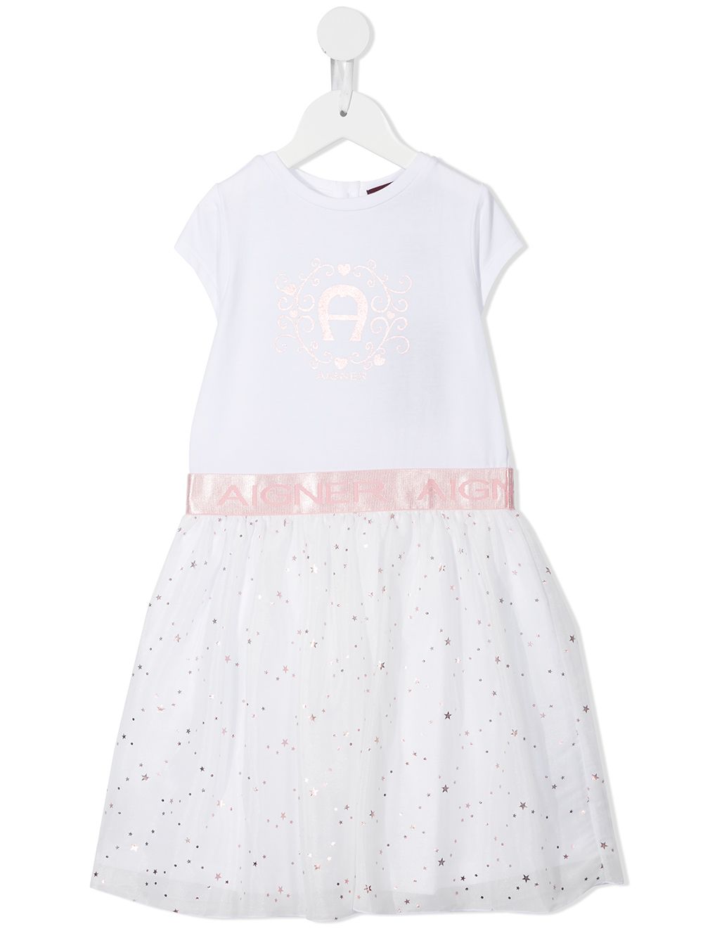 Aigner Kids logo印花薄纱连衣裙 - 白色