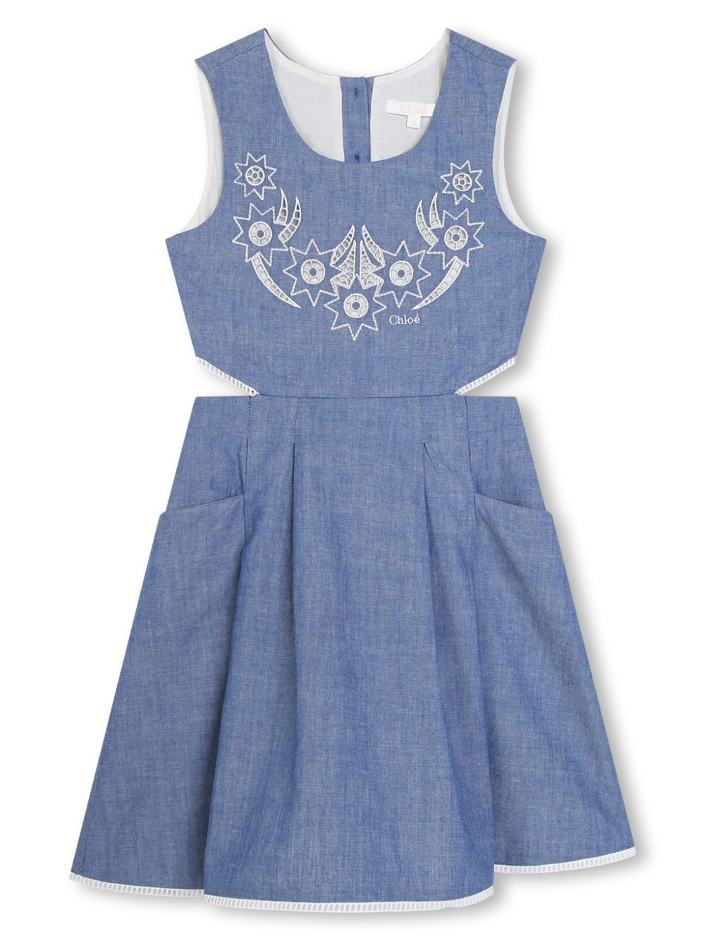 Chloé Kids logo刺绣棉连衣裙 - 蓝色