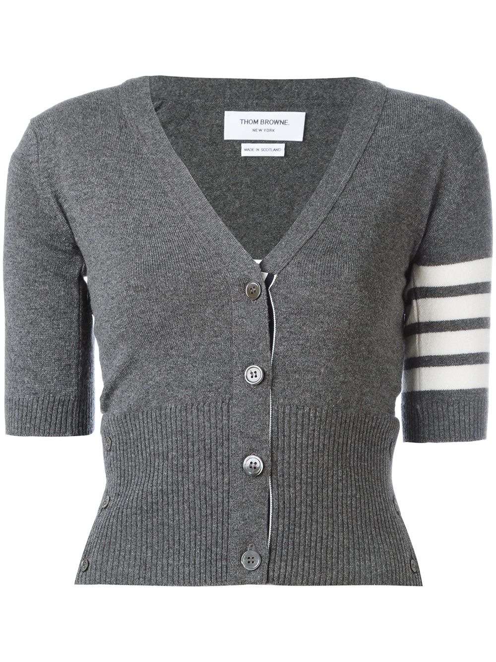 Thom Browne 羊绒4条纹短袖V领衬衫 - 灰色