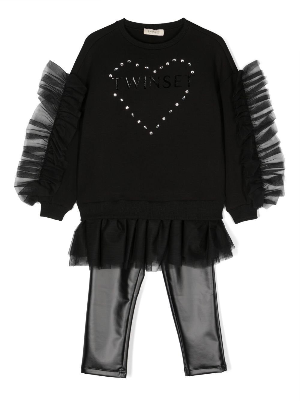 TWINSET Kids logo印花荷叶边卫衣打底裤套装 - 黑色