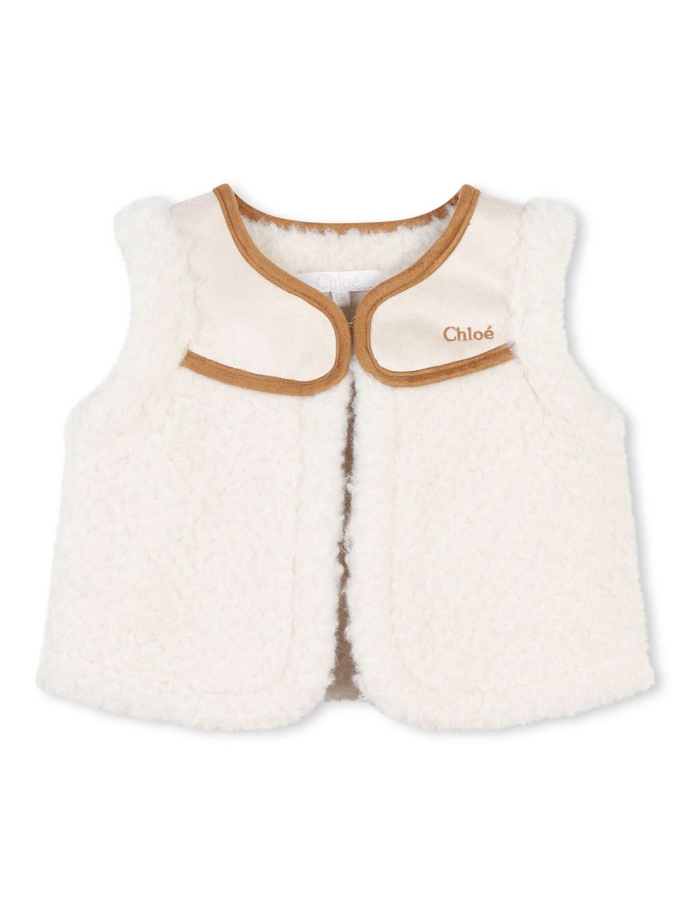 Chloé Kids logo刺绣皮毛一体马甲 - 白色