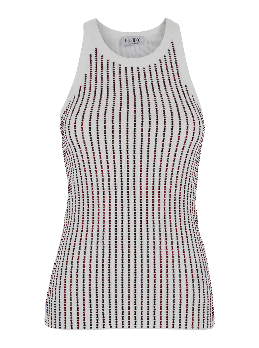 The Attico White Tank Top With Multicolor Rhinestone In Jersey Woman