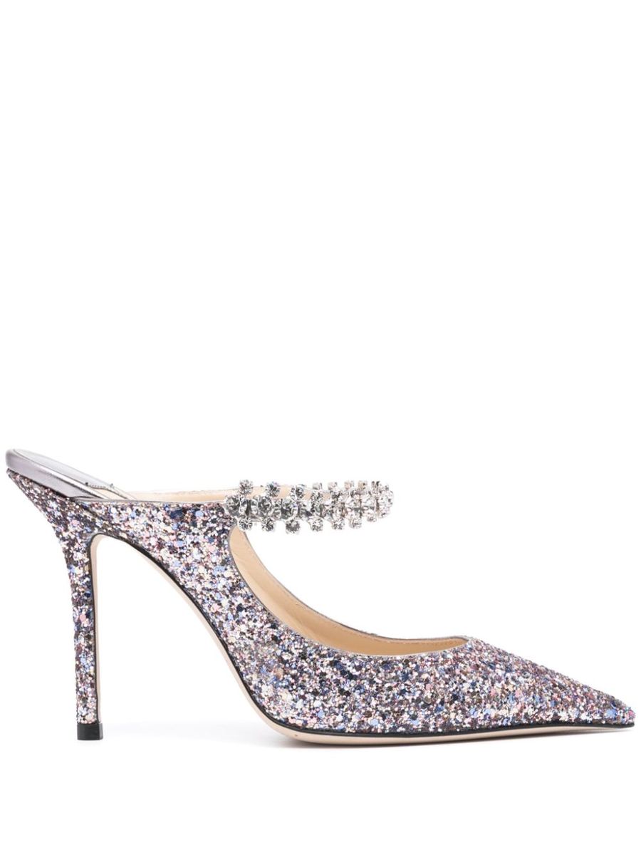Jimmy Choo Bing 100 Crystal Strap Glitter Heel Mules