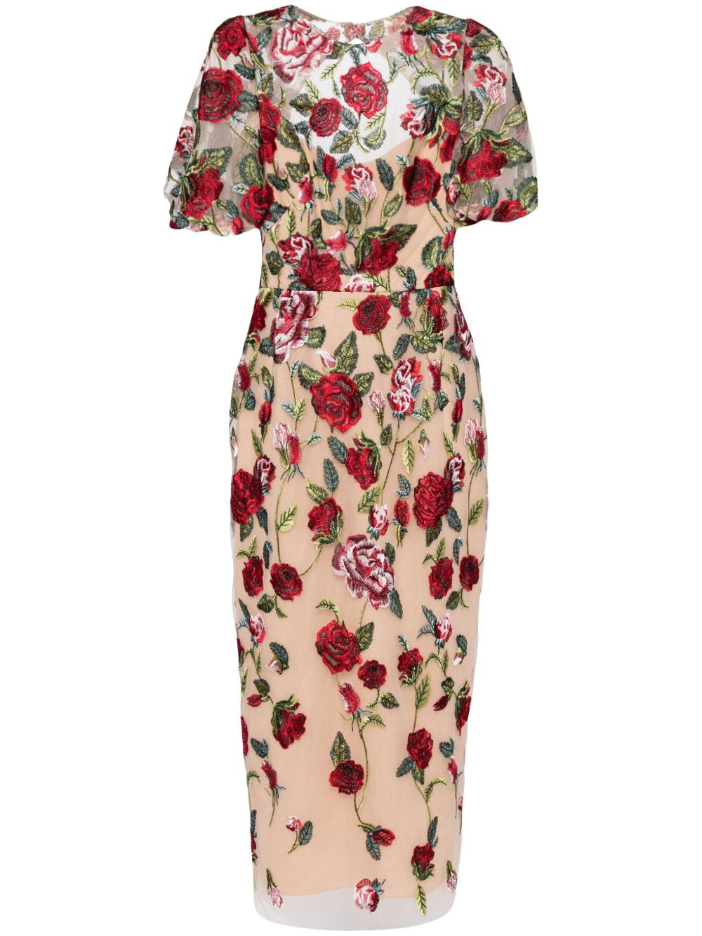 Marchesa Notte 花卉刺绣薄纱拼接连衣裙 - 中性色
