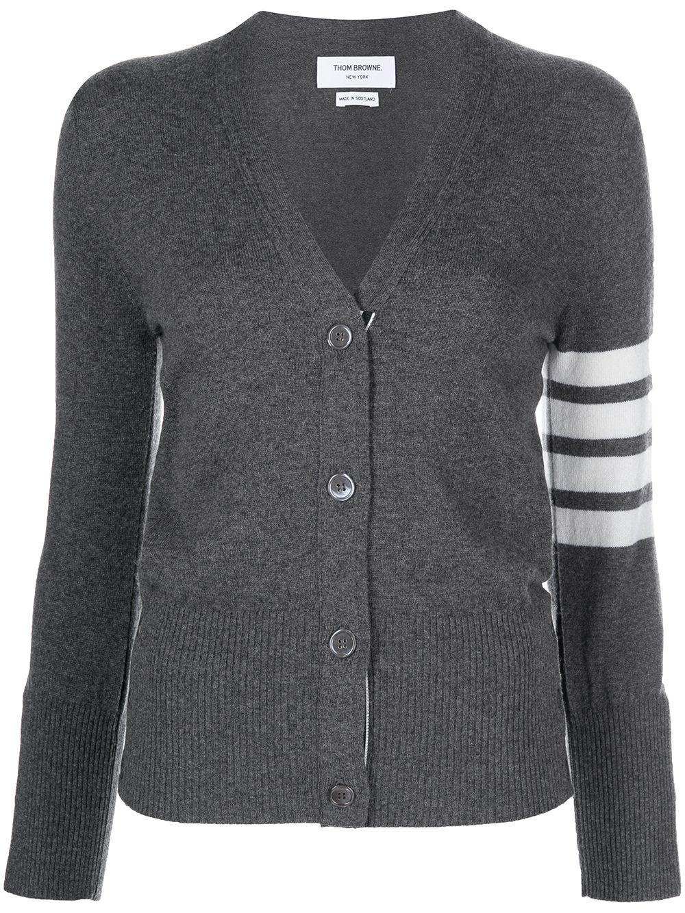 Thom Browne 经典羊绒4条纹V领开衫 - 灰色