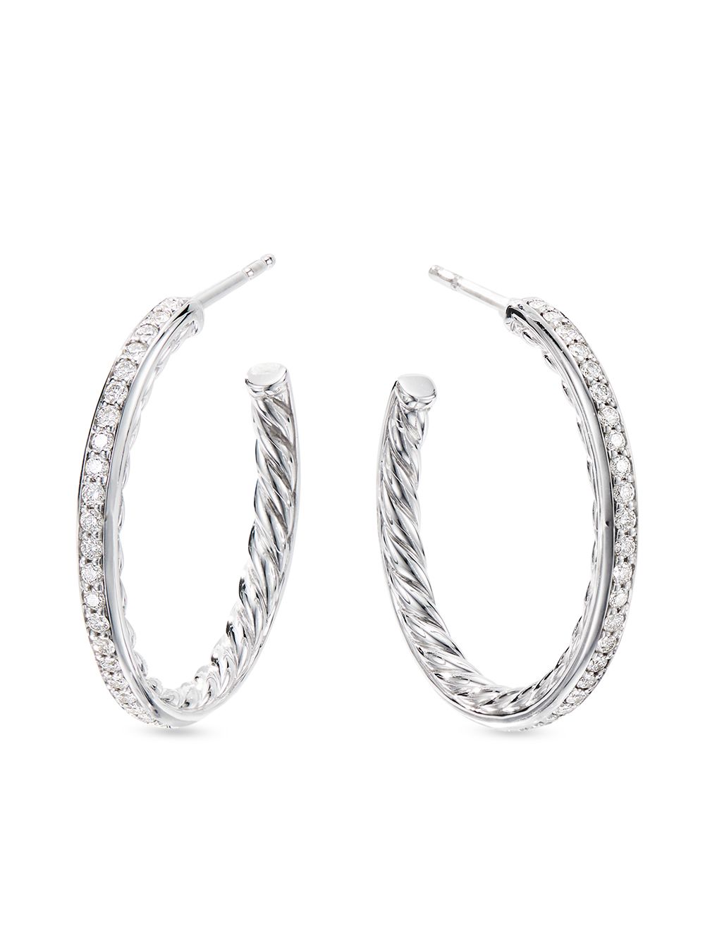 David Yurman 纯银密镶钻石圈形耳环 - 银色