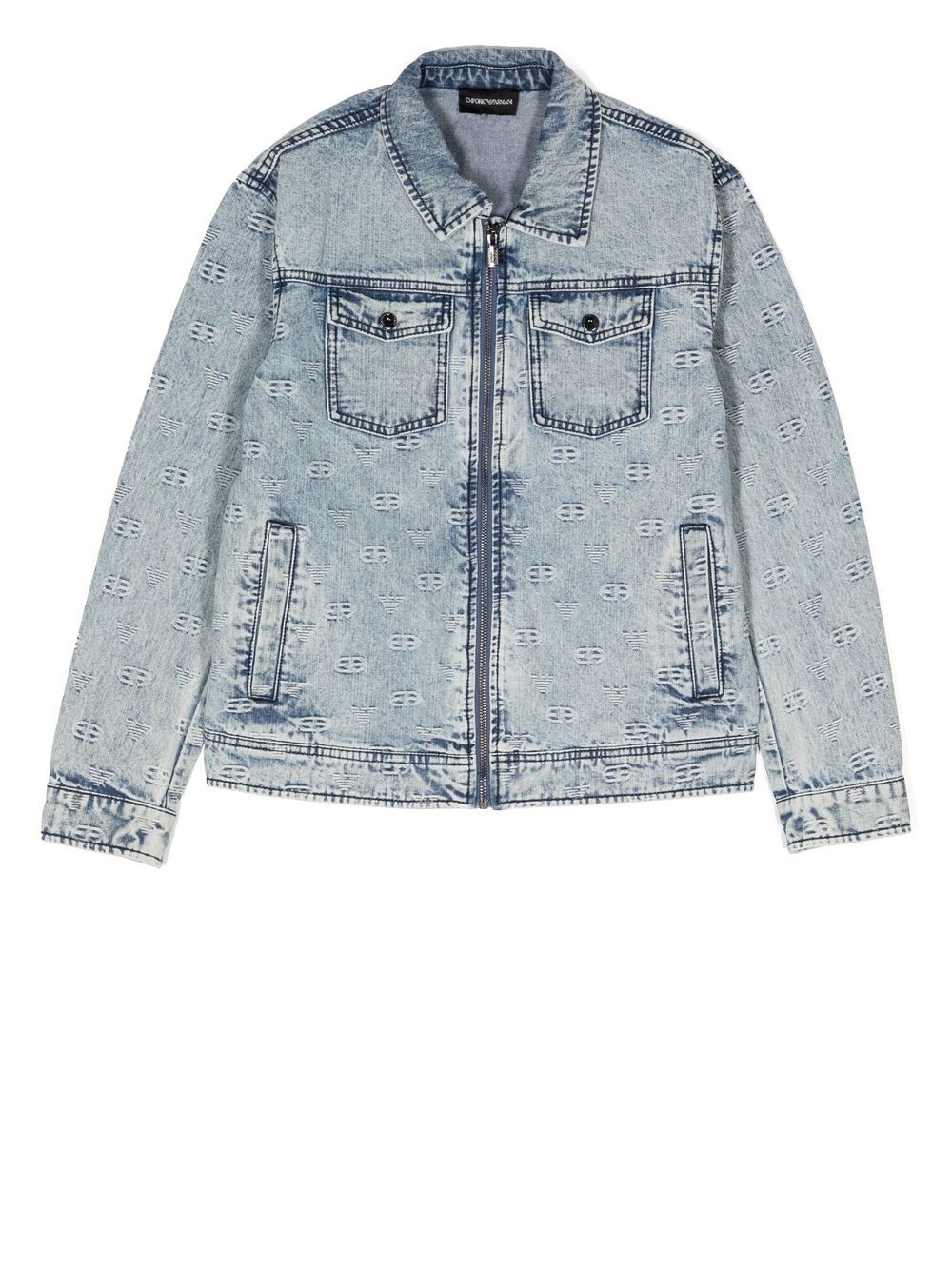 Emporio Armani Kids 经典印花拉链牛仔夹克 - 蓝色