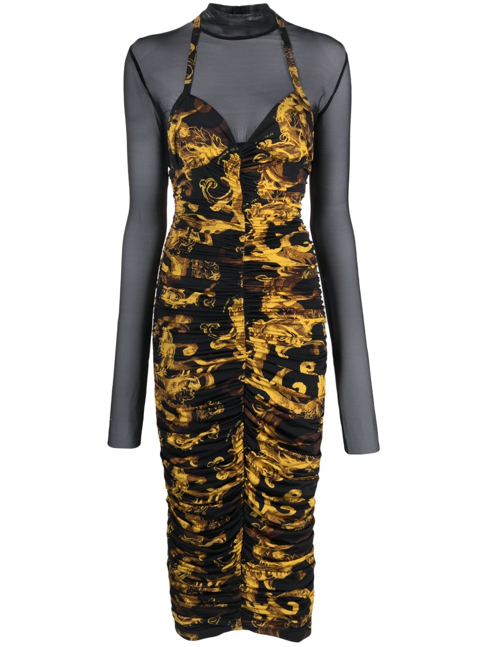 Versace Jeans Couture Barocco 印花褶饰中长连衣裙 - 黑色