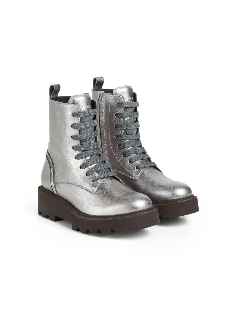 Brunello Cucinelli Kids 金属感皮质及踝靴 - 灰色