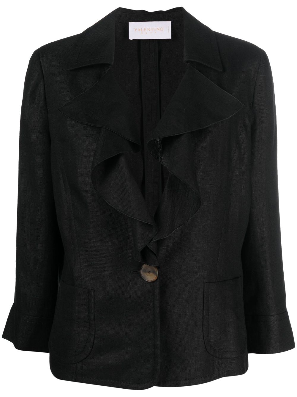 Valentino Garavani Pre-Owned 荷叶领单排扣亚麻夹克（2010年典藏款） - 黑色