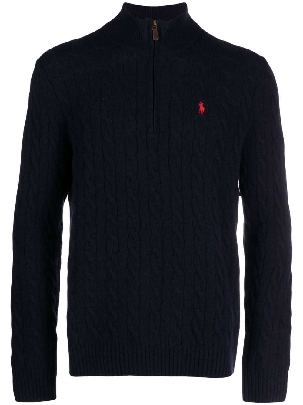 Polo Ralph Lauren logo刺绣粗绞花针织拉链领毛衣 - 蓝色