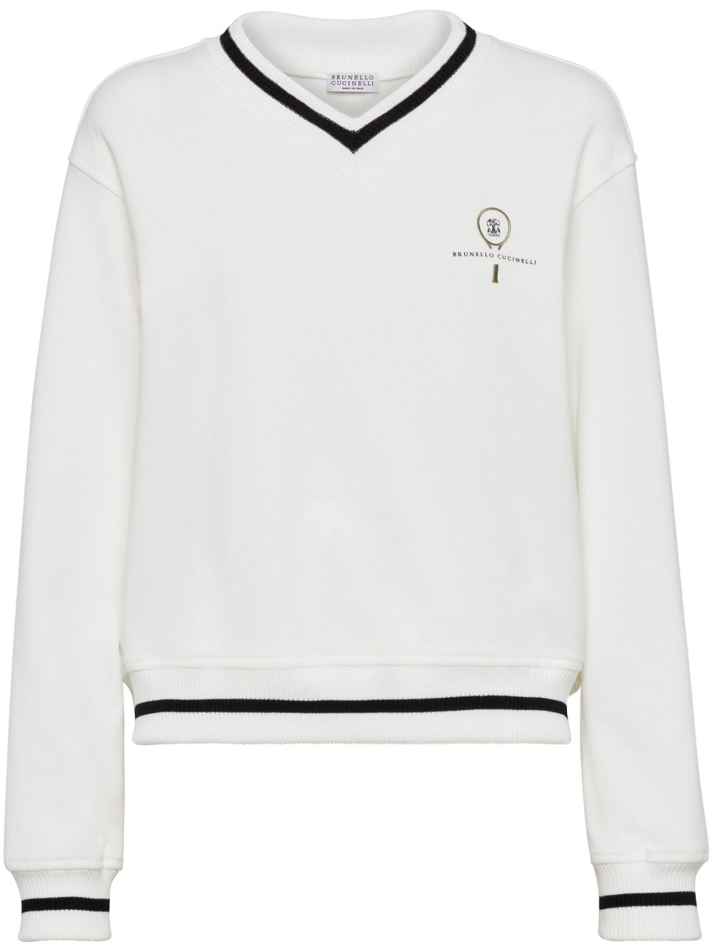Brunello Cucinelli logo印花条纹边饰卫衣 - 白色