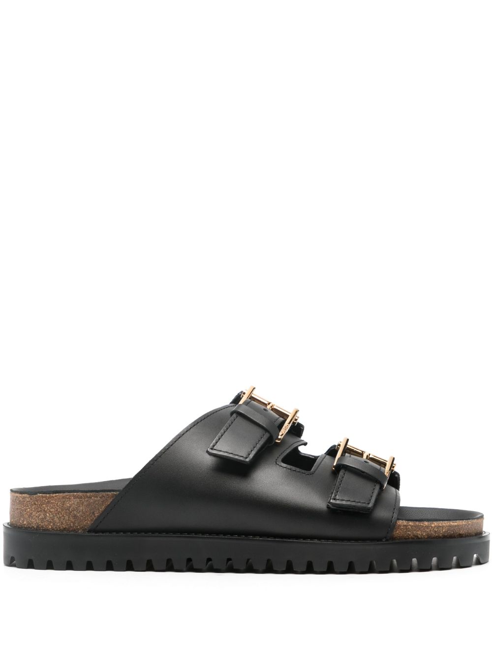 Versace logo雕刻皮质拖鞋 - 黑色