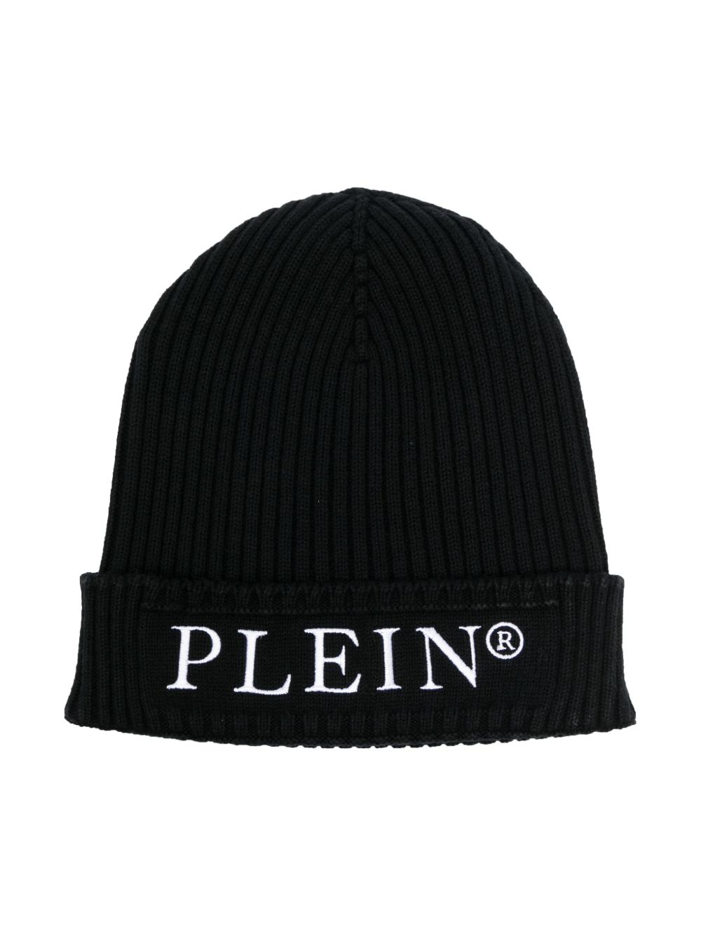 Philipp Plein Junior logo刺绣罗纹针织套头帽 - 黑色