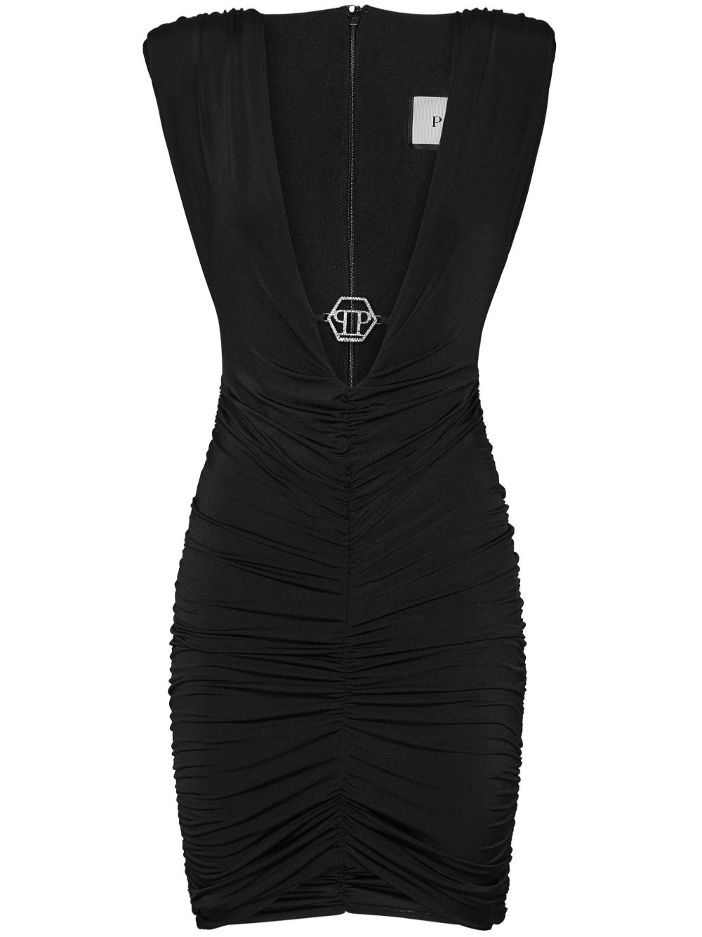 Philipp Plein logo标牌褶饰迷你连衣裙 - 黑色