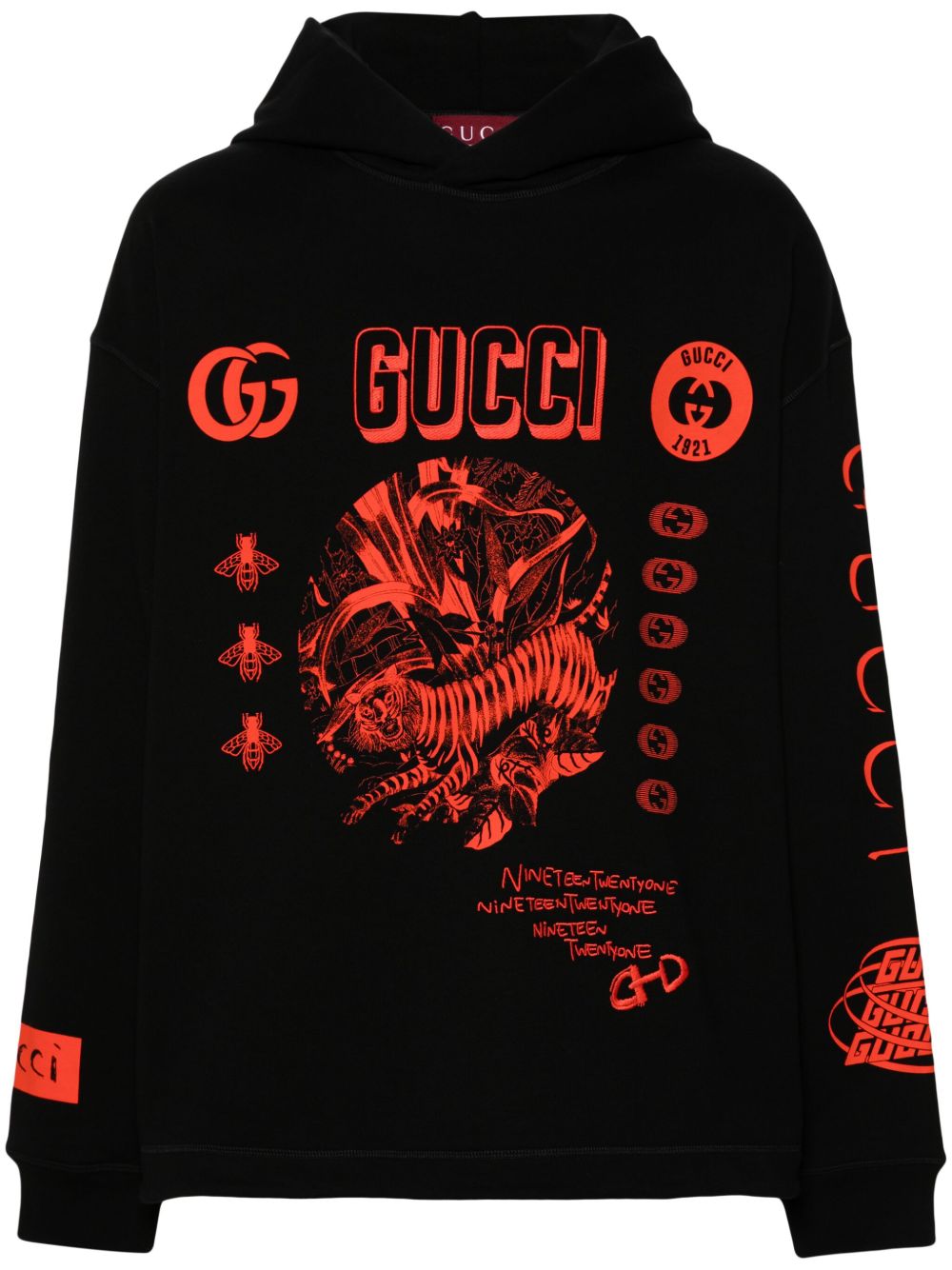 Gucci logo刺绣连帽衫 - 黑色