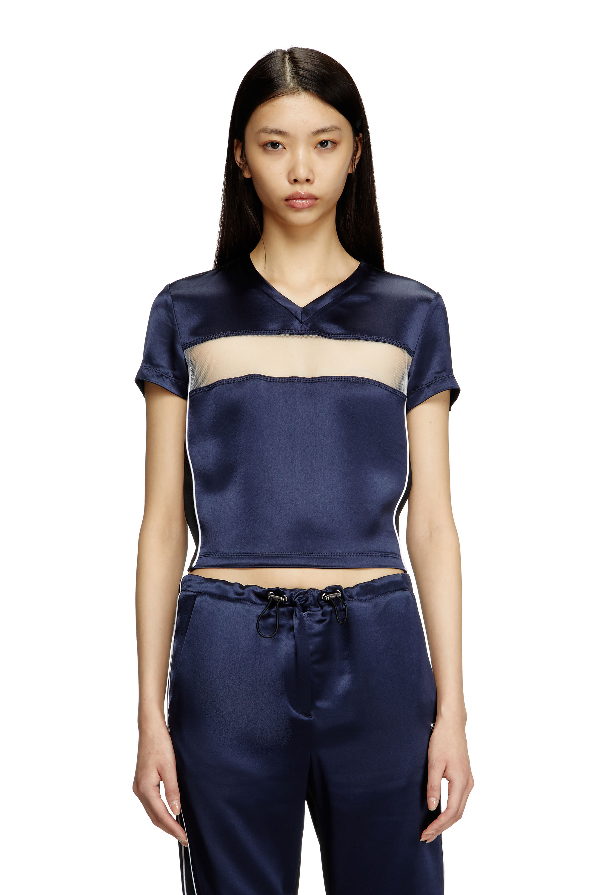 Diesel - Cropped T-shirt in satin, knit and tulle - T-Shirts - Woman - Blue
