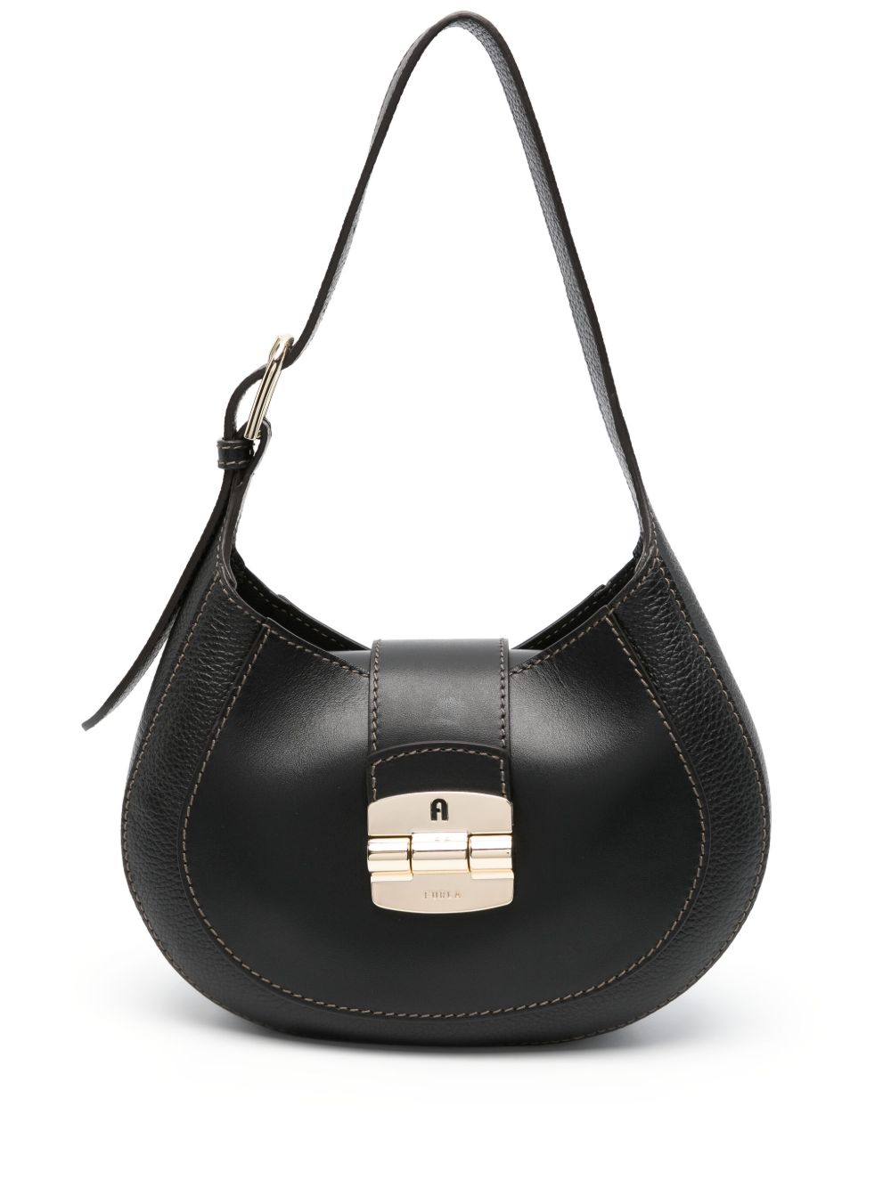 Furla logo凹面压花皮质单肩包 - 黑色