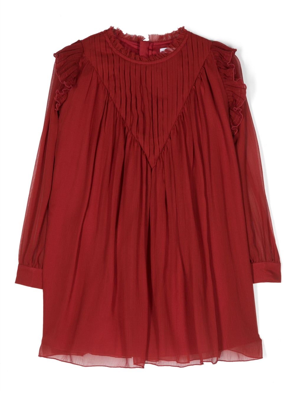 Chloé Kids 长袖伞形真丝连衣裙 - 红色