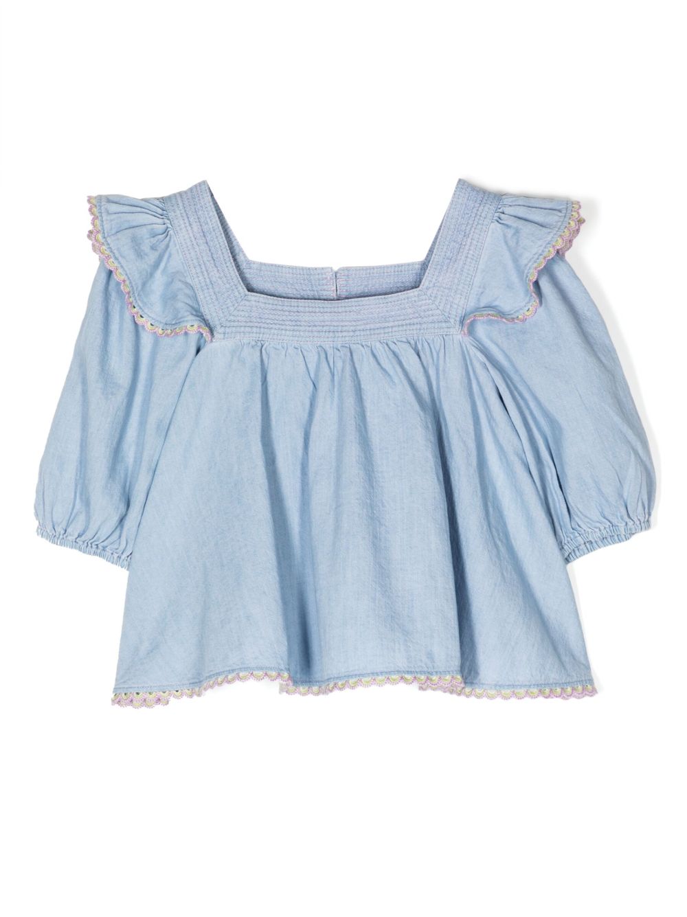 ZIMMERMANN Kids Halcyon 弹性缩褶牛仔罩衫 - 蓝色