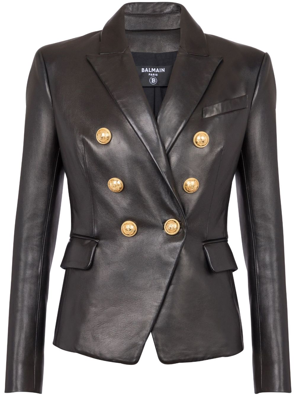 Balmain 双排扣皮质西装夹克 - 黑色