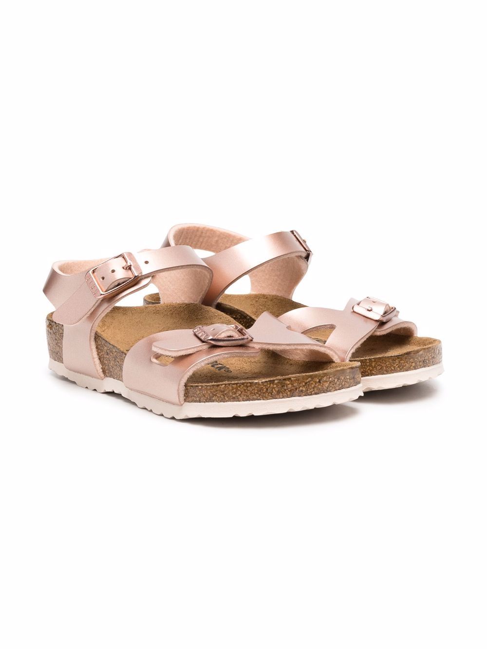 Birkenstock Kids 金属感皮质袢带扣环凉鞋 - 粉色