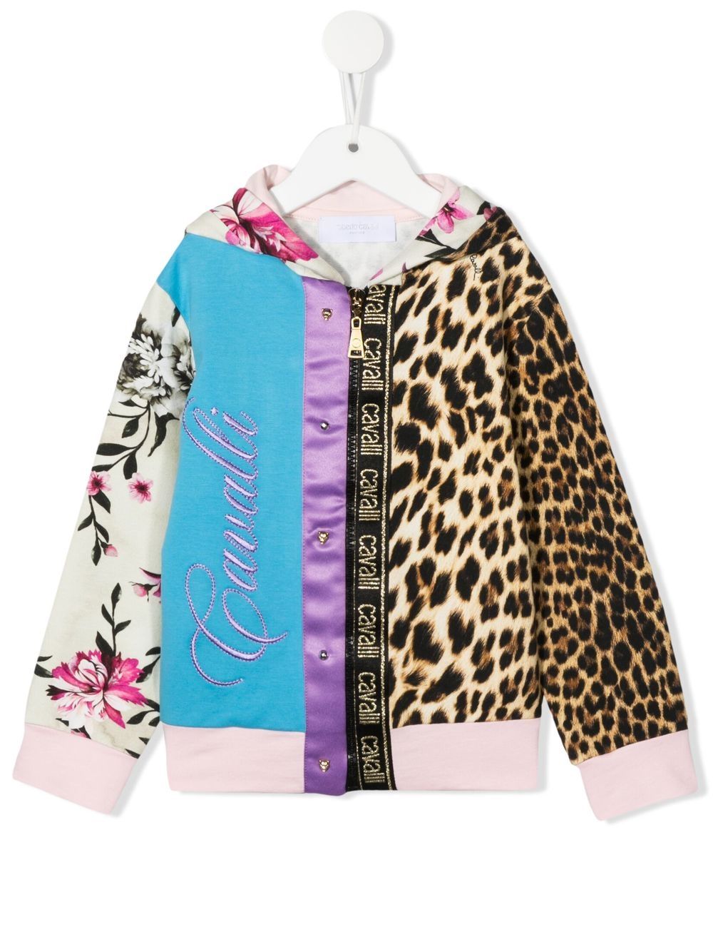 Roberto Cavalli Junior 混合印花正面拉链连帽衫 - 蓝色