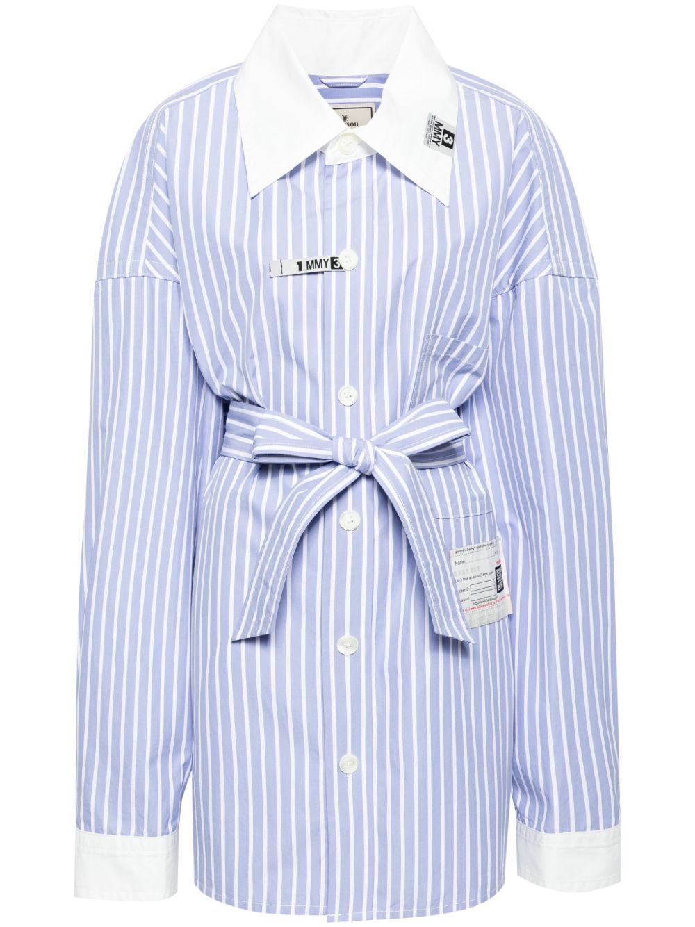Maison MIHARA YASUHIRO logo贴花条纹束腰衬衫 - 蓝色