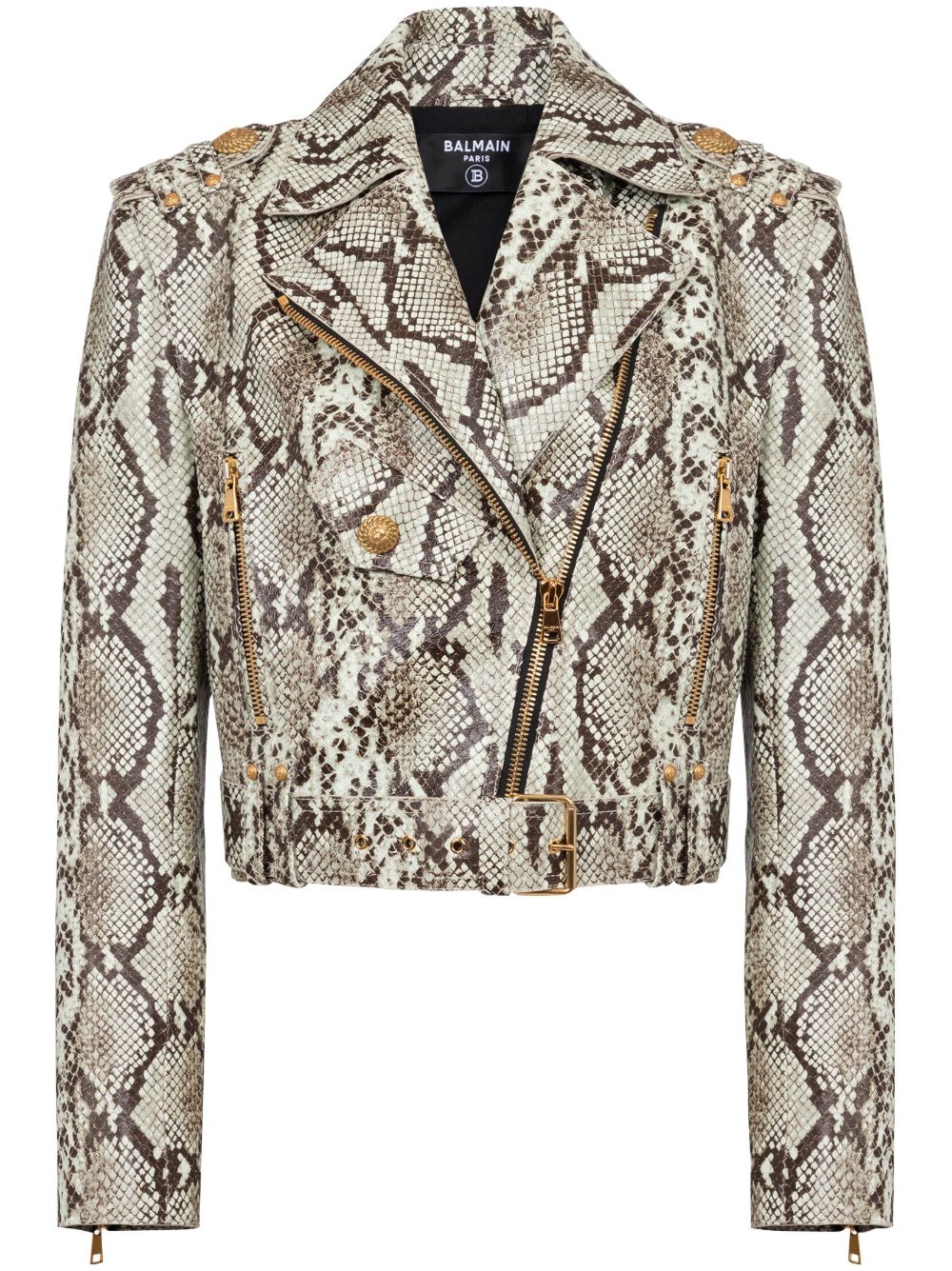 Balmain 蟒蛇纹提花短款机车夹克 - 褐色