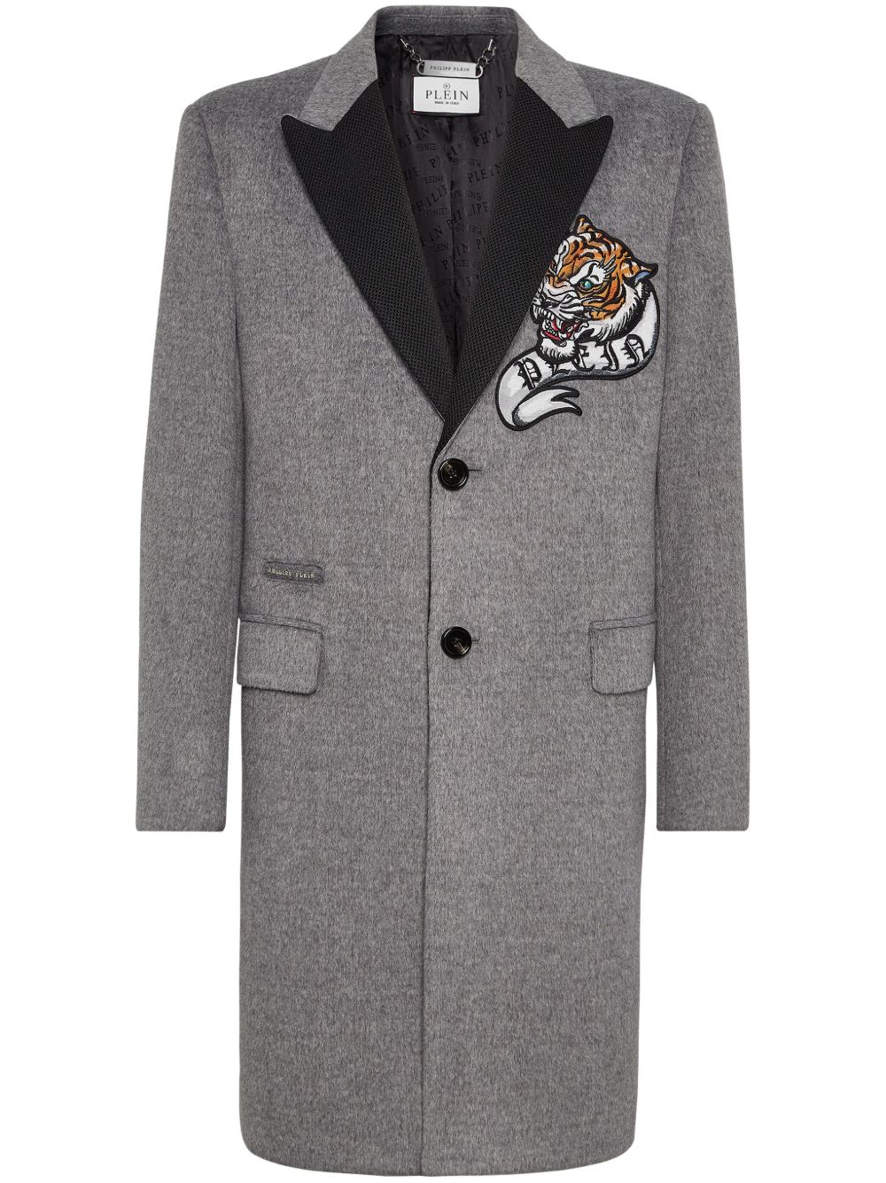 Philipp Plein 老虎贴花单排扣大衣 - 灰色