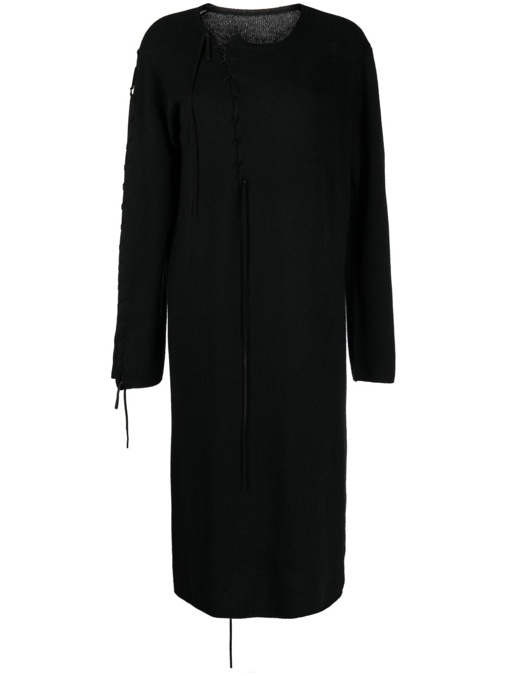 Yohji Yamamoto 系带细节长袖中长连衣裙 - 黑色