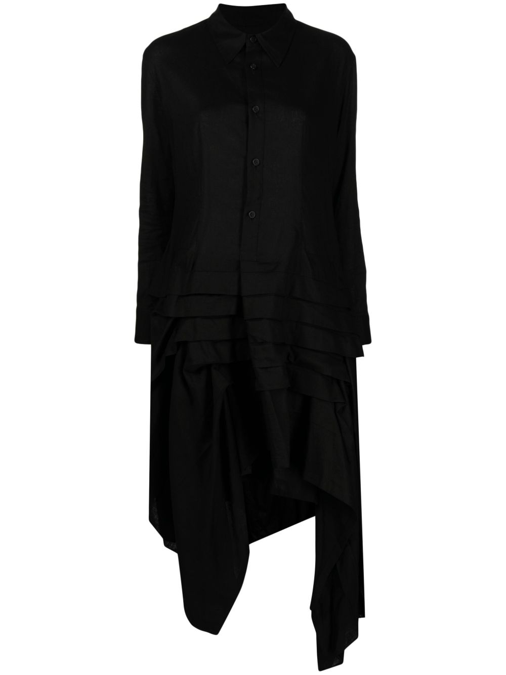 Yohji Yamamoto 不对称荷叶边中长衬衫裙 - 黑色