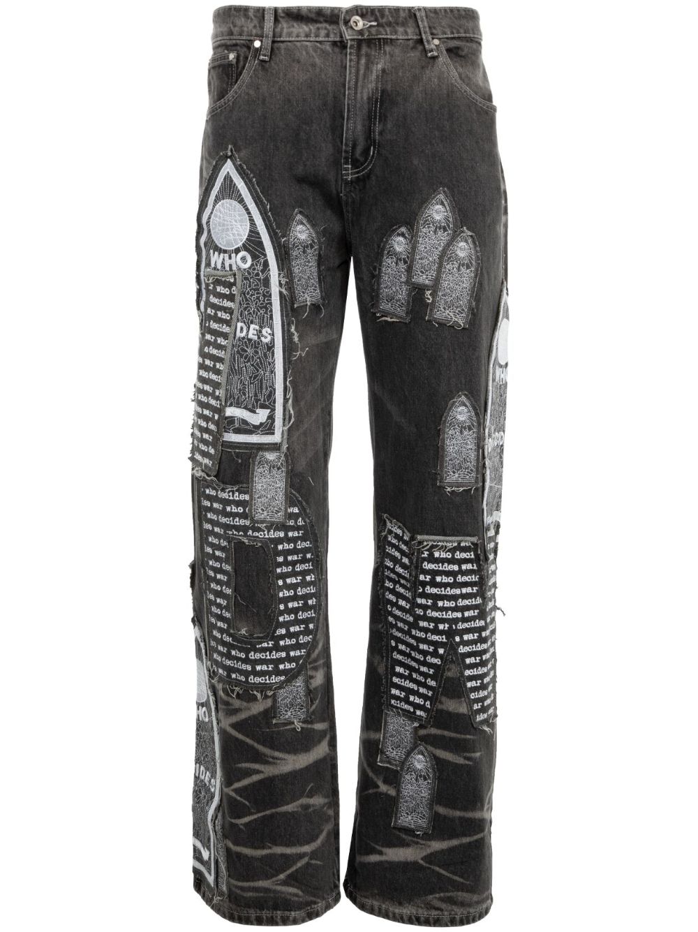 Who Decides War Motif Patched 牛仔裤 - 灰色