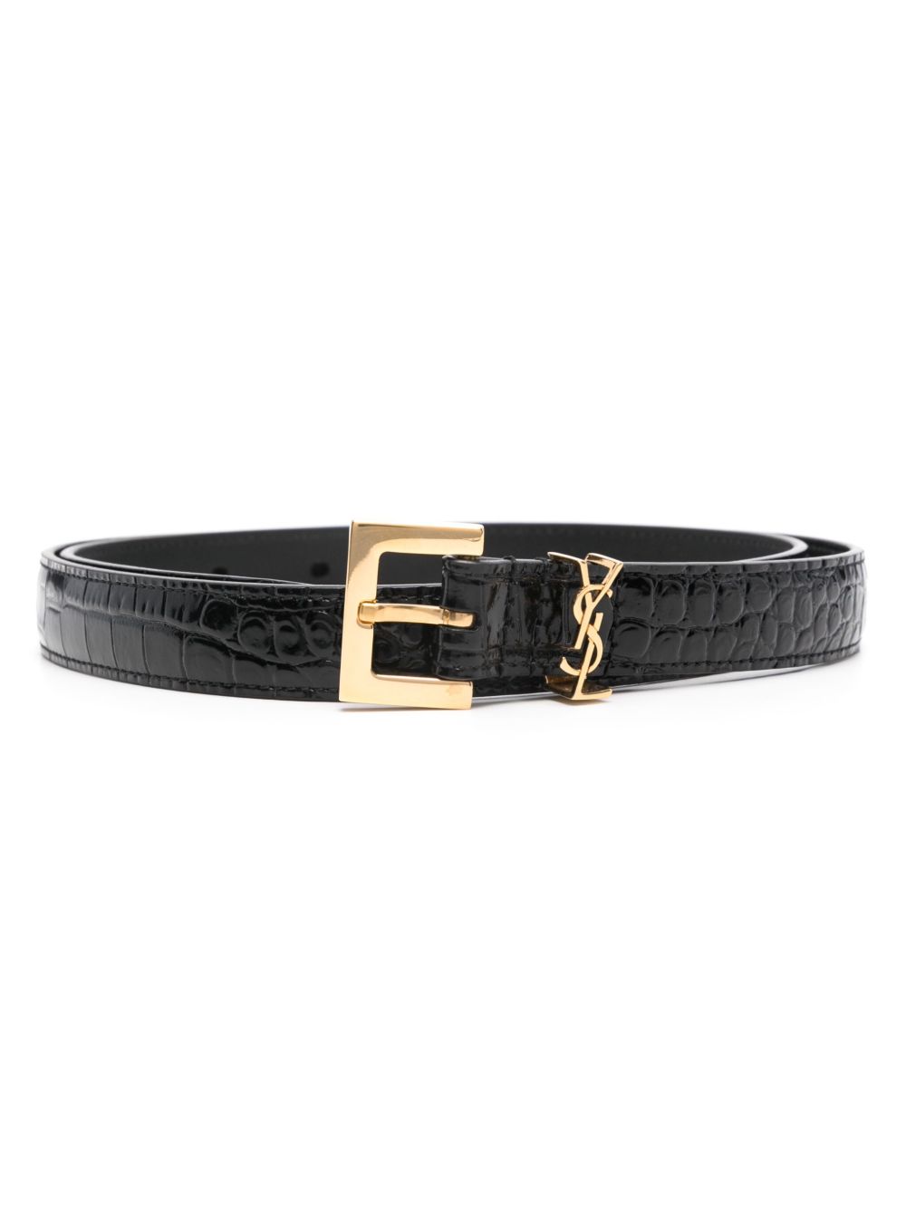 Saint Laurent Cassandre 仿鳄鱼纹压纹腰带 - 黑色