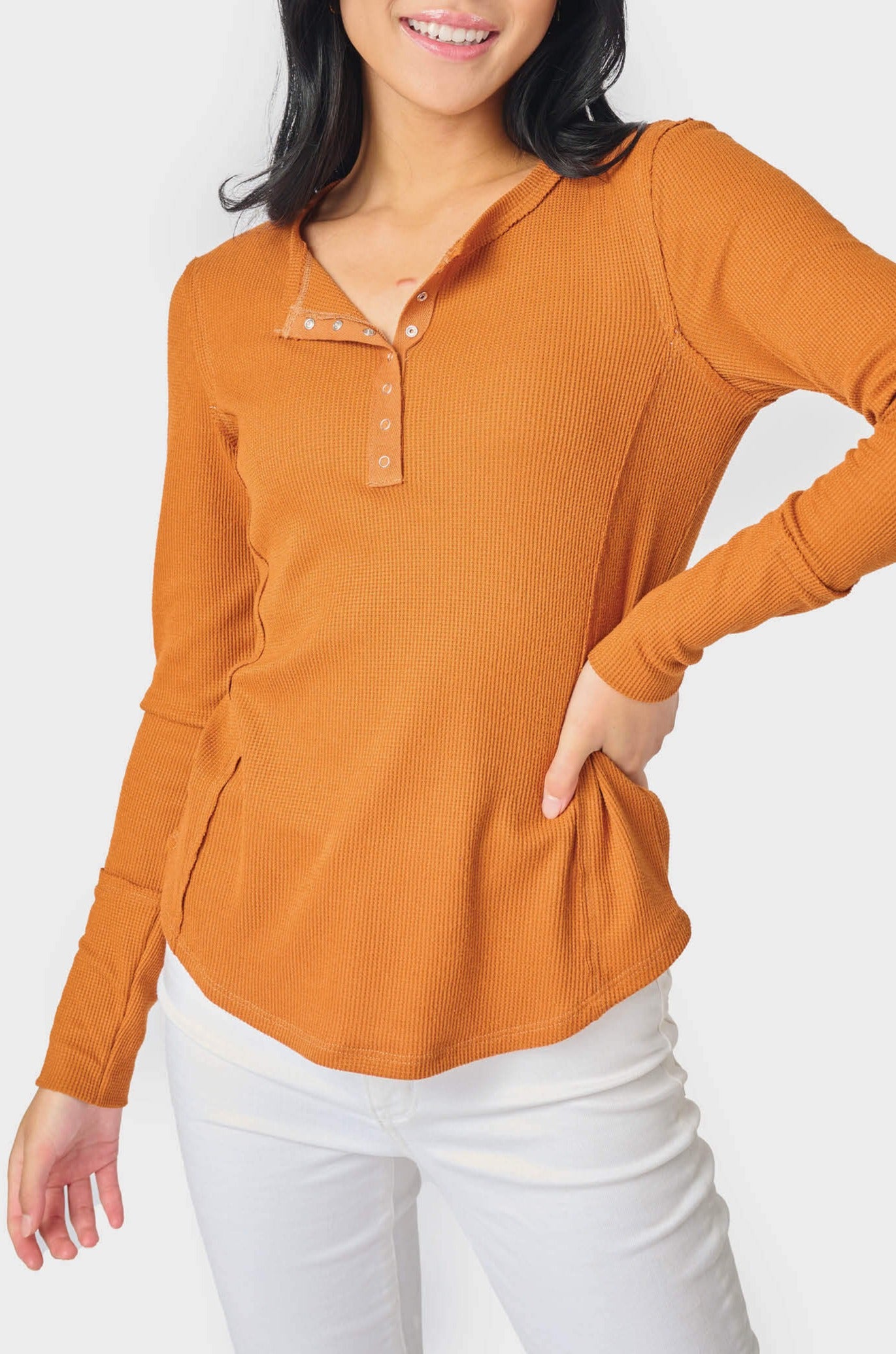 Thermal Long Sleeve Henley Tee - Rust XXS