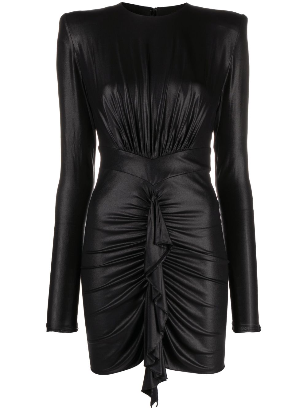 Alexandre Vauthier 缩褶荷叶边缎面平纹针织迷你裙 - 黑色